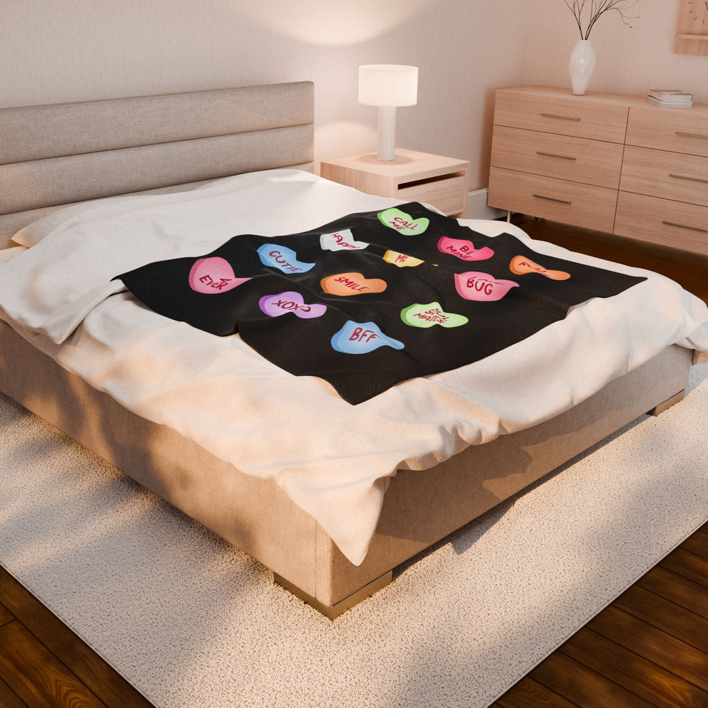 Valentine Conversation Hearts Velveteen Plush Blanket — Pink Cozy Throw with 'Call Me, Be Mine, XOXO' Candy Heart Design