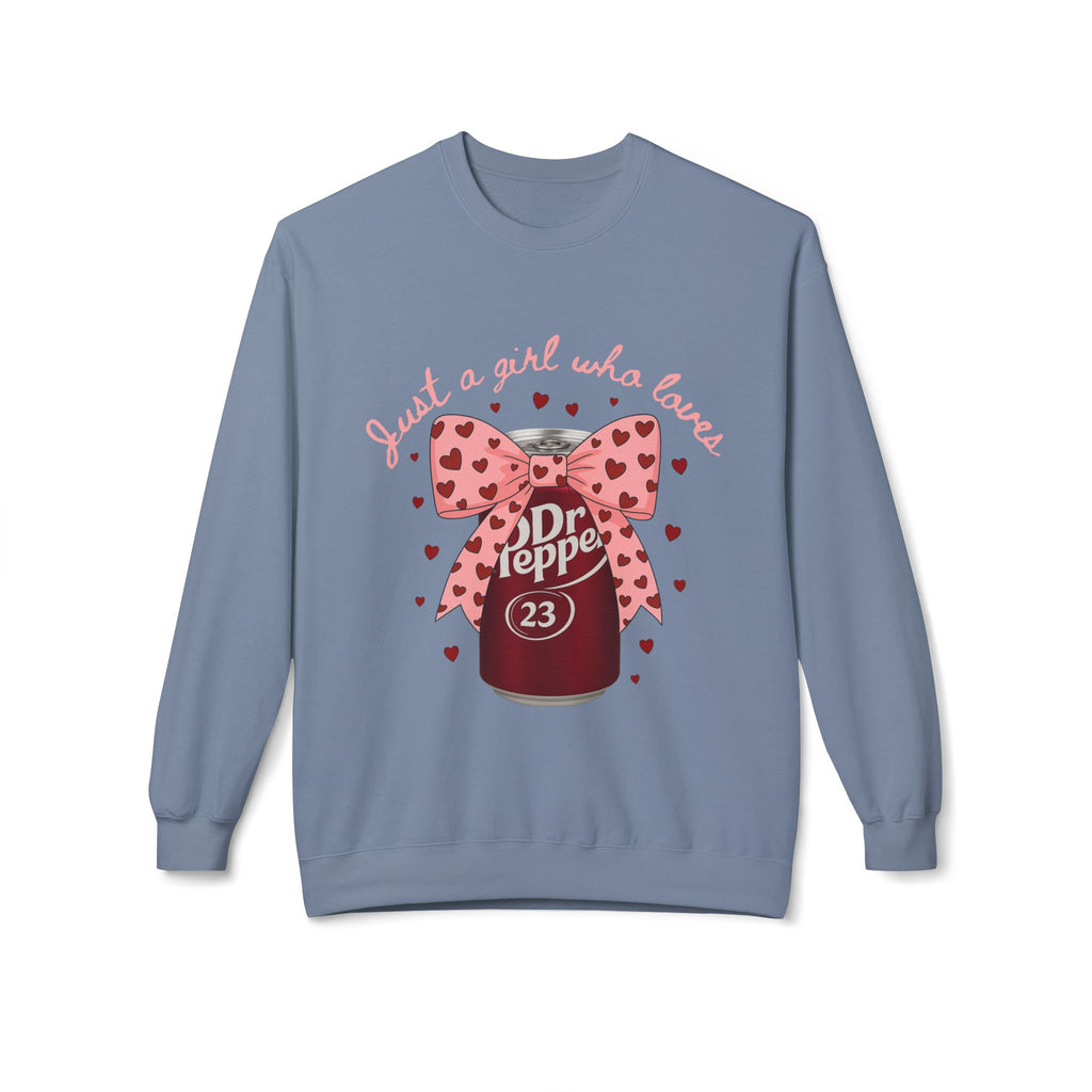 Dr. Pepper Valentine Sweatshirt - "Just a Girl Who Loves" Soda Bottle Graphic