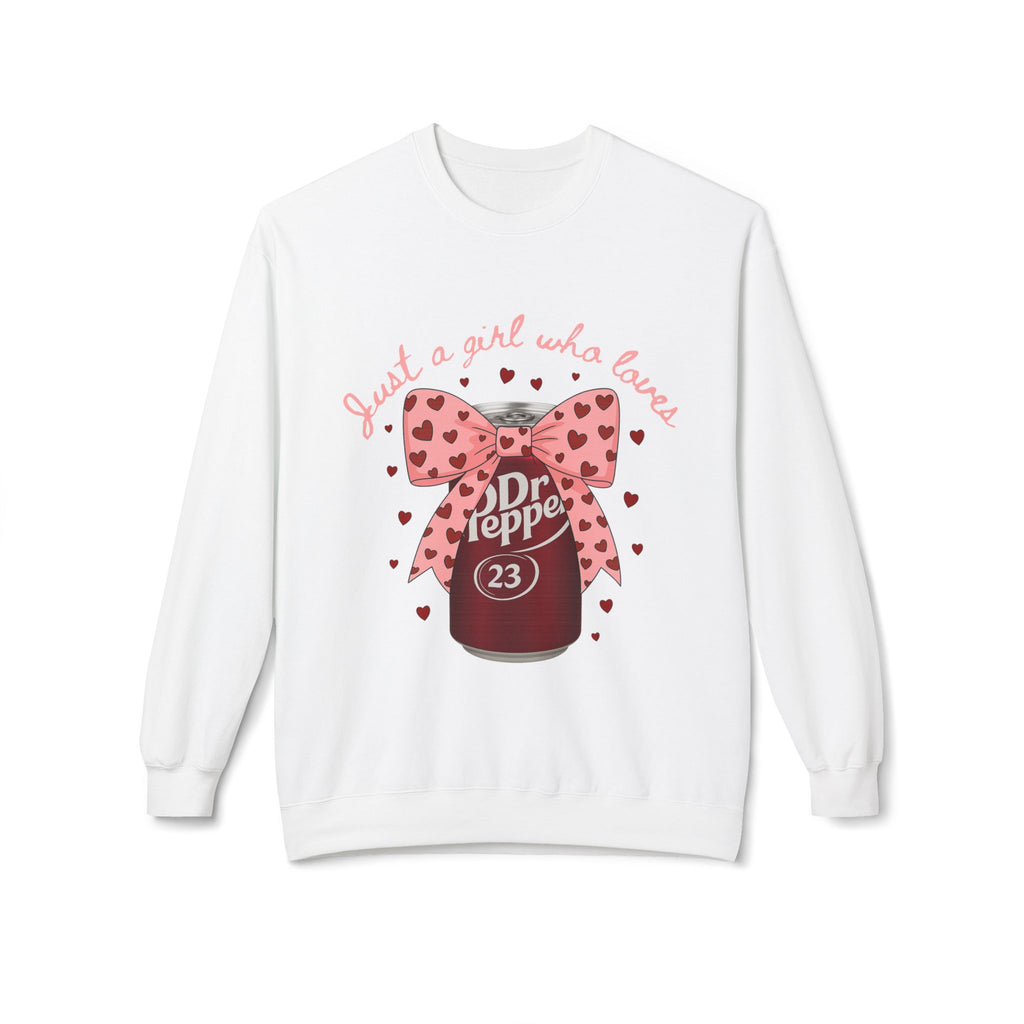 Dr. Pepper Valentine Sweatshirt - "Just a Girl Who Loves" Soda Bottle Graphic