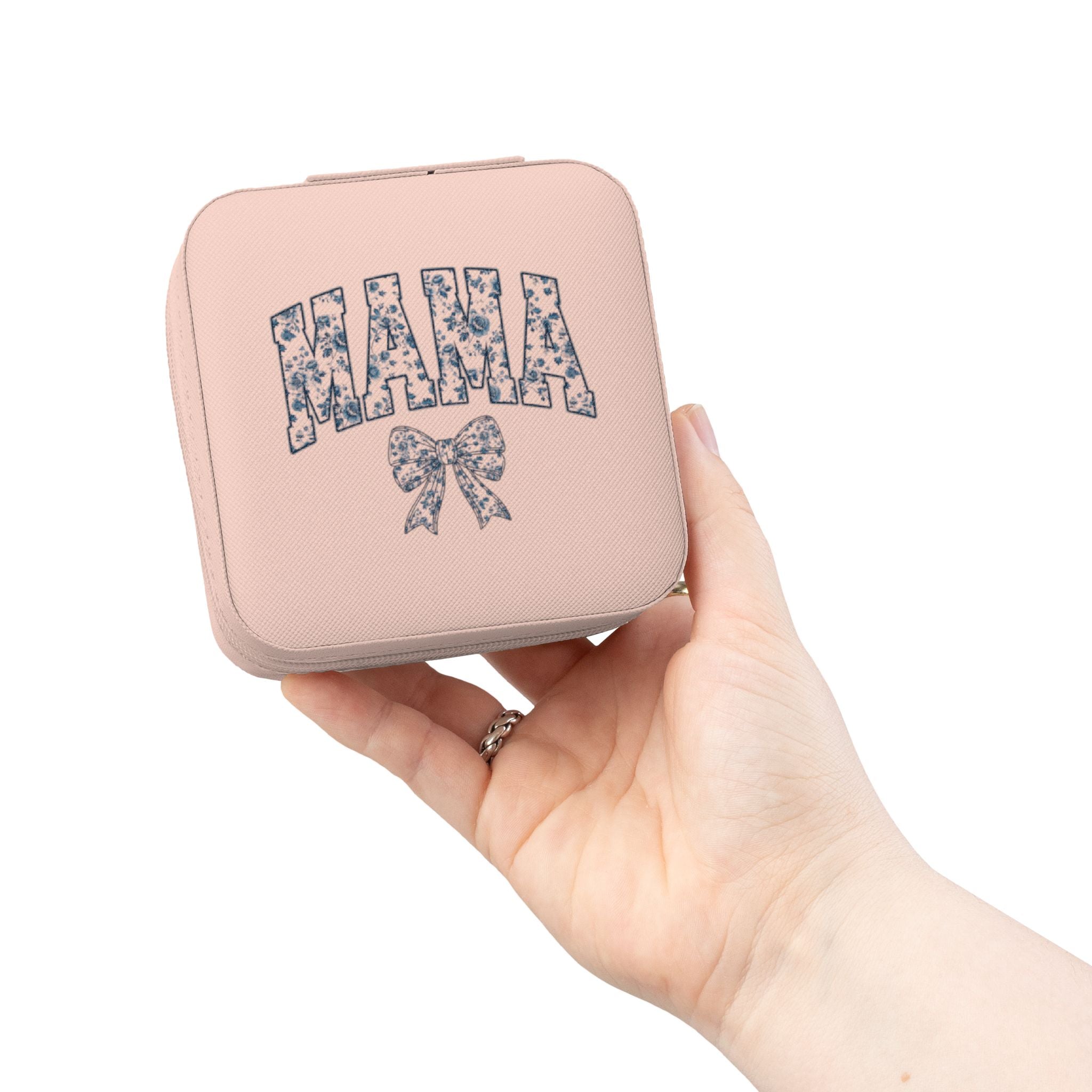 Mama Jewelry Travel Case — Compact Pink Travel Jewelry Organizer with Ring Rolls & Compartments
