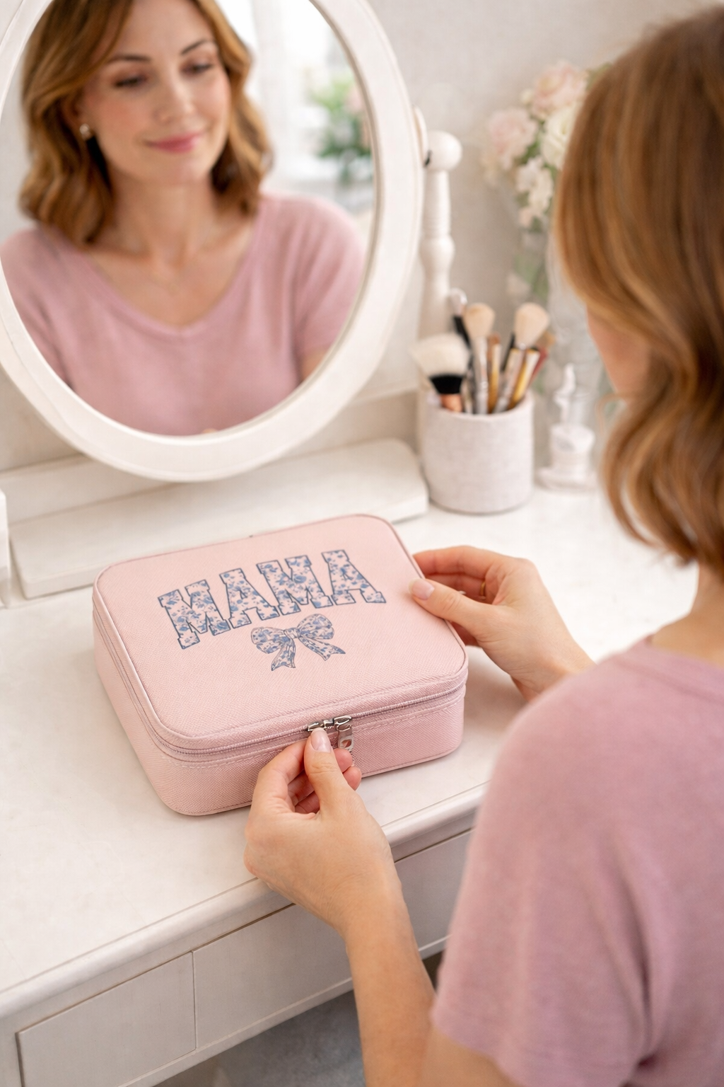 Mama Jewelry Travel Case — Compact Pink Travel Jewelry Organizer with Ring Rolls & Compartments